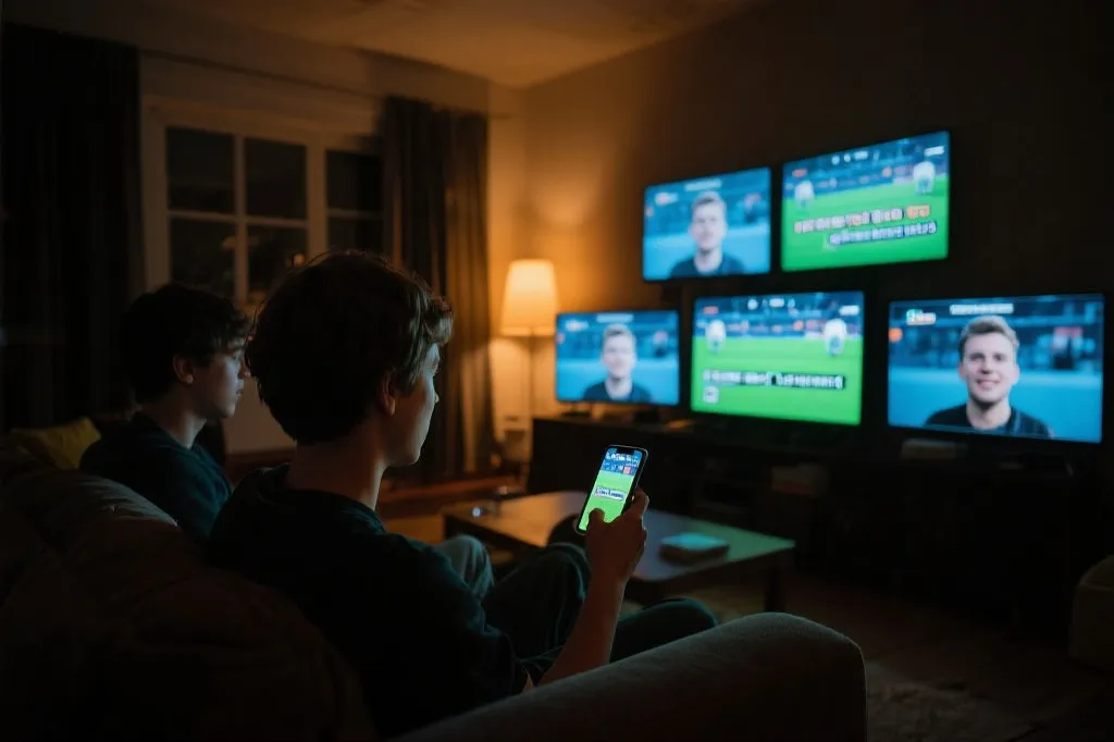 年轻人在家用手机和电视多屏互动深夜看球的场景