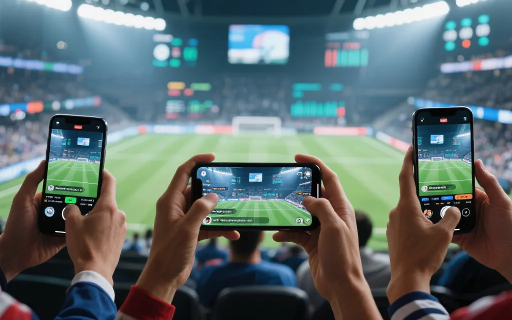 球迷在手机上多视角观看比赛并与朋友社交互动，画面叠加实时数据与评论流，现代数字观赛体验