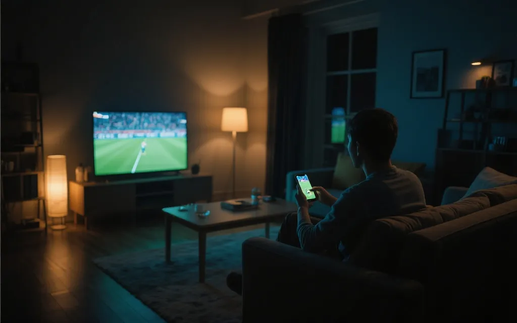 夜晚客厅看球场景,电视与手机同步播放,氛围感强